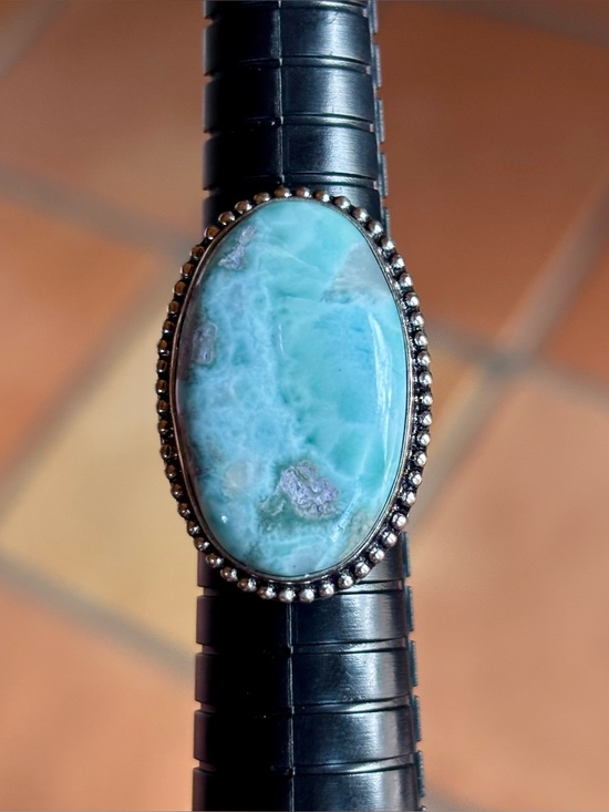 Artisan Jewelry - 925 Sterling Silver Larimar Ring | Caribbean Blue Crystal Gemstone size 7.5